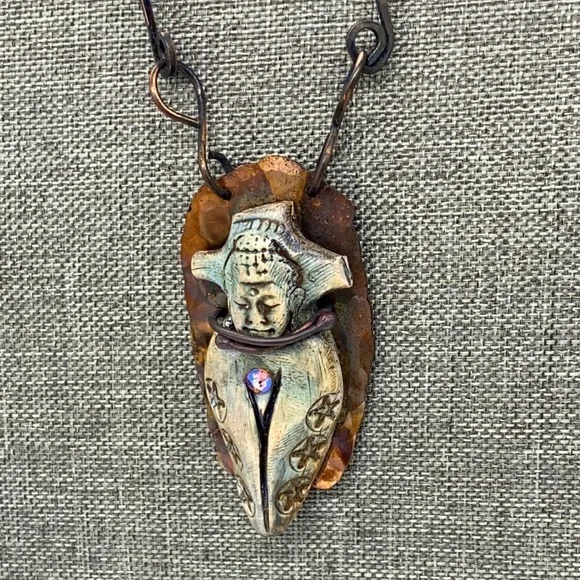 Buddha necklace copper polymer clay handmade chain - Picture 4 of 6